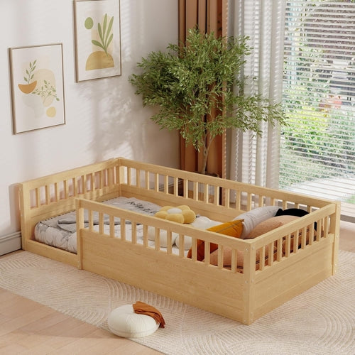 Twin Montessori Floor Bed with High Fence Natural