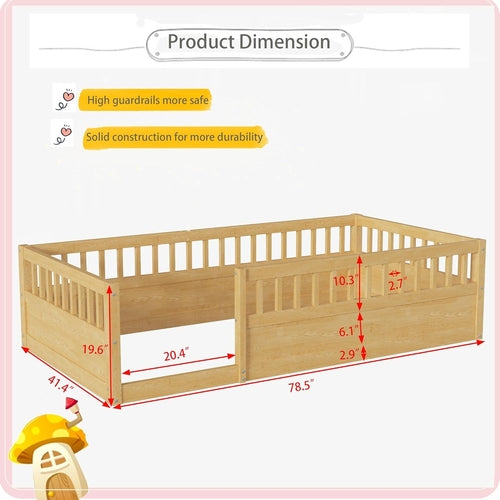 Twin Montessori Floor Bed with High Fence Natural
