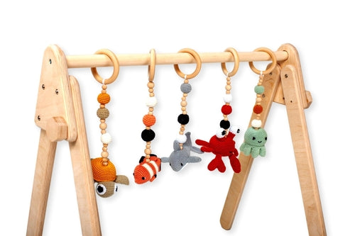 Montessori Baby Gym & Hanging Toys Set | Wooden Play Gym for Babies