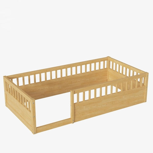 Twin Montessori Floor Bed with High Fence Natural
